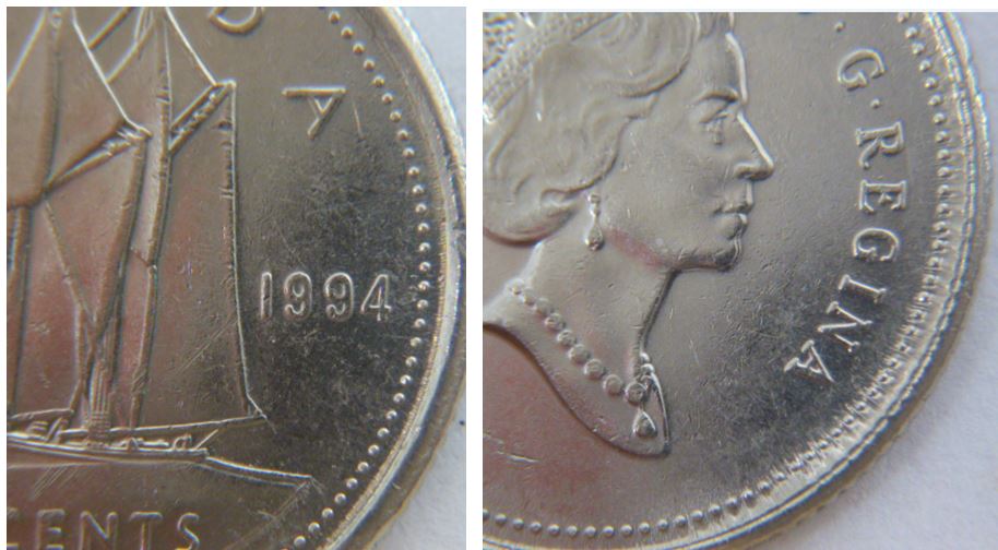 10 Cents 1994-Double menton effigie-Coin détérioré+Accumulation listel-1.JPG
