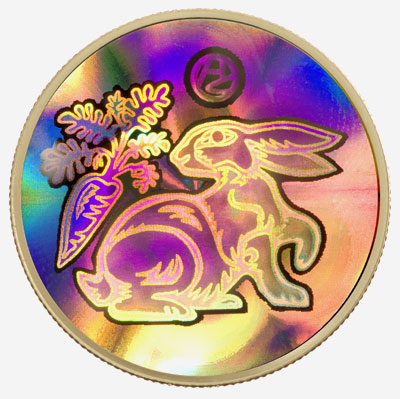 Pièce holographique en or 18 carats 2011 - Année du lapin