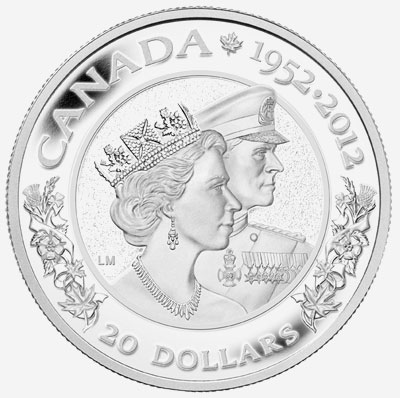 Pièce de 20 $ en argent fint 2012 - Jubilé de diamant de la reine 1952-2012 : La reine Élizabeth II et le prince Philip