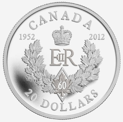 Pièce de 5 $ en or pur 2012 et pièce de 20 $ en argent fin 2012 - Jubilé de dimant de la reine 1952-2012 : Monogramme de la reine Élizabeth II