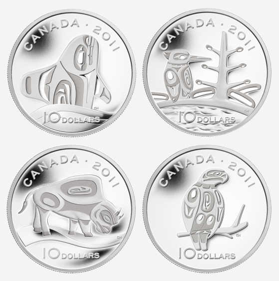 Pièces de 10 $ en argent fin 2011 : La forêt boréale canadienne, le bison des bois, l'épaulard et le faucon pèlerin