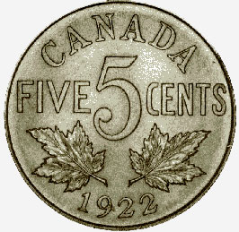 1922 CANADA 5¢ KING GEORGE V NICKEL COIN 