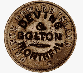 Devins & Bolton, Montréal, jeton contremarqué, 1863-1880