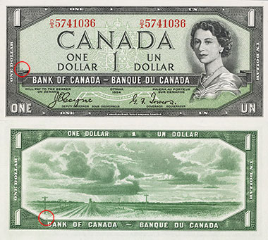 1 dollar 1954 - Plate numbers locations