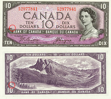 10 dollars 1954 - Plate numbers locations