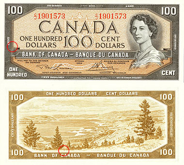 100 dollars 1954 - Plate numbers locations