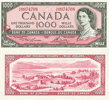 1000 dollars 1954 - Plate numbers locations