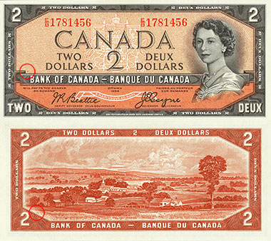 2 dollars 1954 - Plate numbers locations