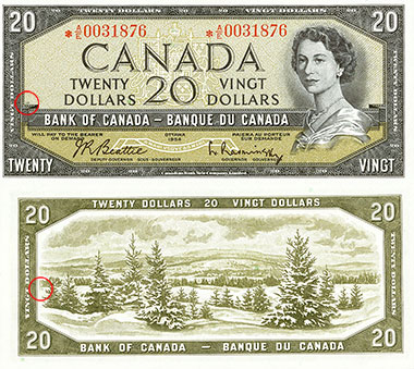 20 dollars 1954 - Plate numbers locations