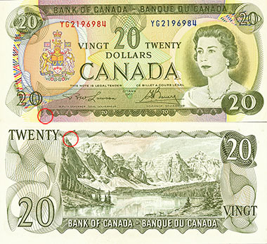 20 dollars 1973 - Plate numbers locations