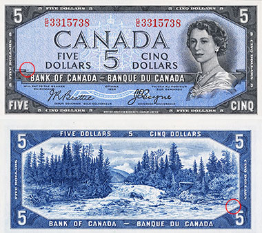 5 dollars 1954 - Plate numbers locations