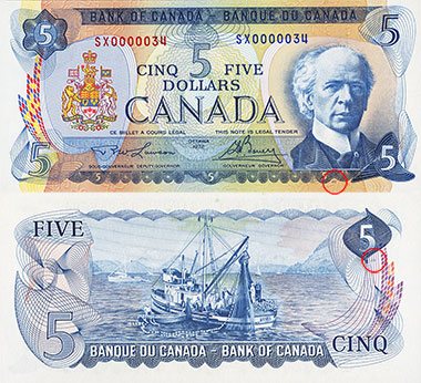 5 dollars 1973 - Plate numbers locations
