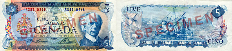 Valeur des billets de banque de 5 dollars de 1969 à 1975