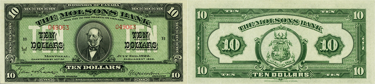 10 dollars 1922 - Molsons Bank banknotes