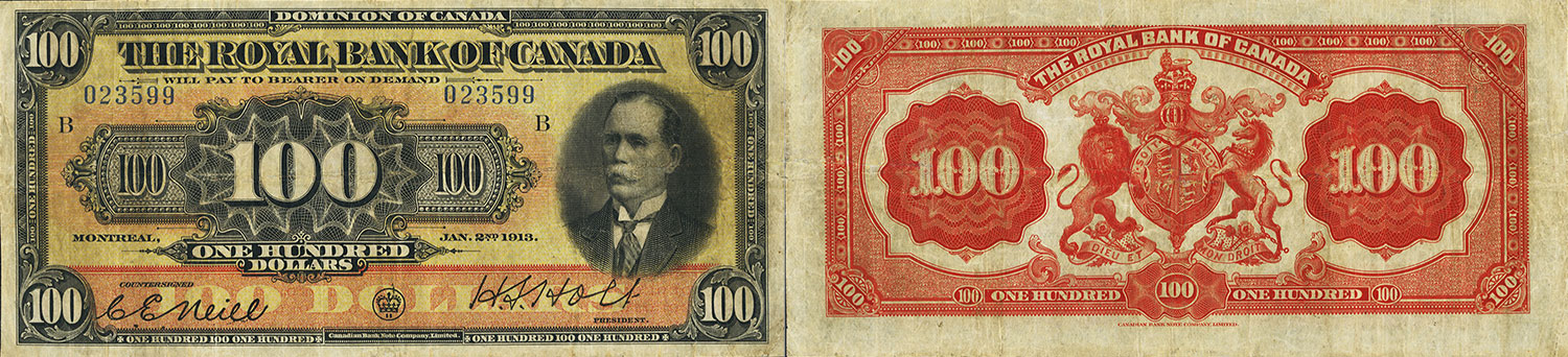 100 dollars 1913 - Royal Bank of Canada banknotes