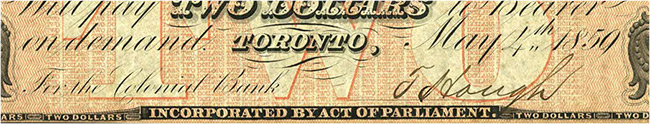 2 dollars 1859 - 1 signature - Colonial Bank of Canada