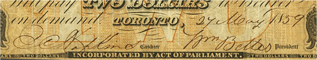 2 dollars 1859 - 2 signatures - Colonial Bank of Canada