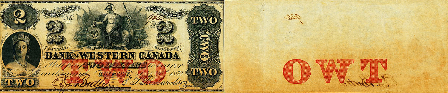 2 dollars 1859 - Bank of Western Canada banknotes