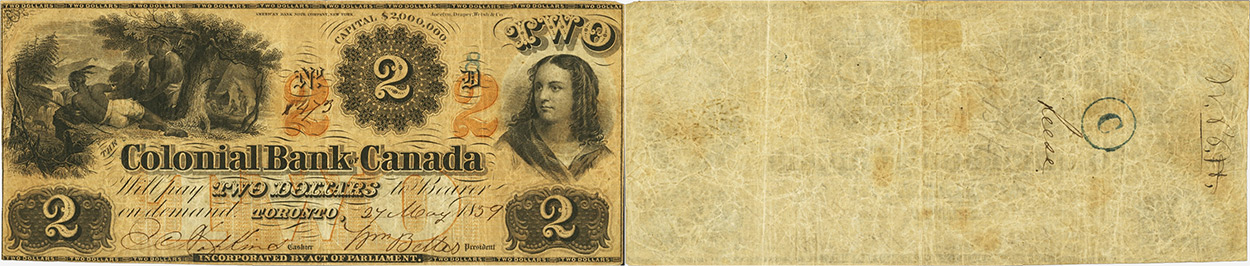 2 dollars 1859 - Colonial Bank of Canada banknotes