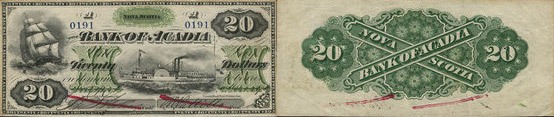 20 dollars 1872 - Bank of Acadia banknotes