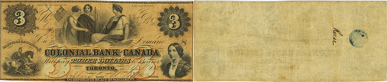 3 dollars 1859 - Colonial Bank of Canada banknotes