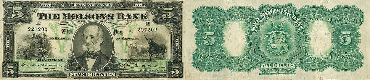 5 dollars 1912 - Molsons Bank banknotes