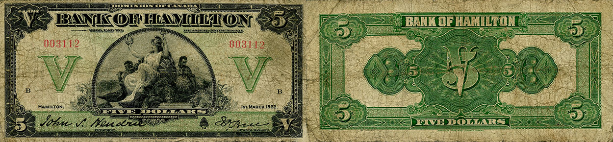5 dollars 1922 - Bank of Hamilton banknotes