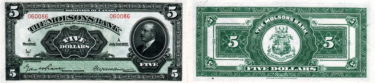 5 dollars 1922 - Molsons Bank banknotes