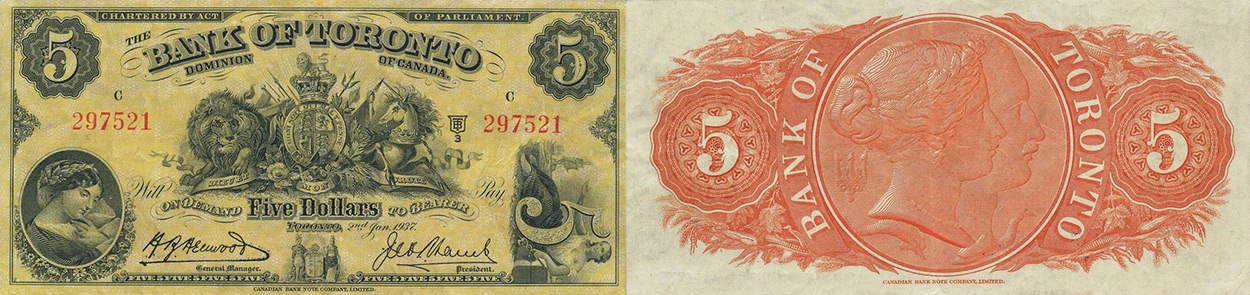 5 dollars 1937 - Bank of Toronto banknotes