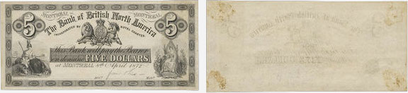 5 dollars 1872 - Bank of British North America banknotes