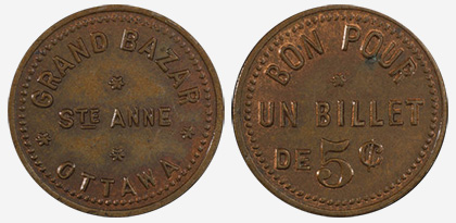 Grand Bazar - Ottawa - Ste Anne Church - 5 cents - Copper - Billet