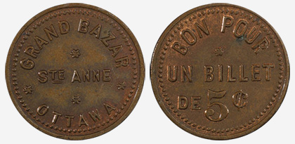 Grand Bazar - Ottawa - Ste Anne Church - 5 cents - Cuivre - Billet