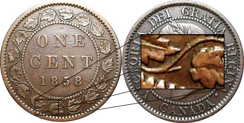 1 cent 1858 Canada - Pétiole brisé à la feuille #9 et tige complète