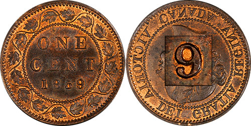 1 cent 1859 Canada - Wide 9/8 - 9 over 8 - Coinage alignment