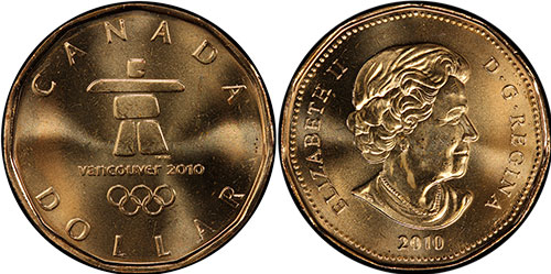 1 dollar 2010 Vancouver Olympic Lucky Loonie Canada