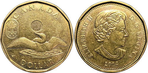 1 dollar 2014 Olympic Loon Lucky Loonie Canada