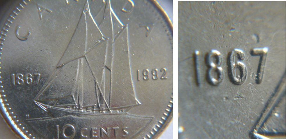 **Double Date 1867-1992** $0.10 1992 Canadian Prooflike Dime 