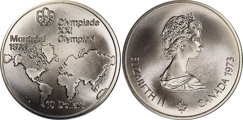 10 dollars 1973 World Map Montreal Olympic Silver Coin 1976 Canada