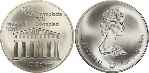 10 dollars 1974 Temple of Zeus Montreal Olympic Silver Coin 1976 Canada