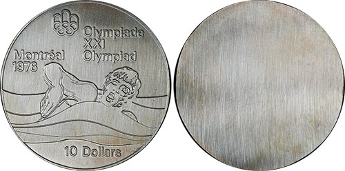 10 dollars 1976 Uniface Swimming Montreal Olympic Silver Coin 1976 Canada