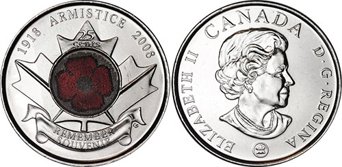 25 cents 2008 Armistice Remember Poppy Canada