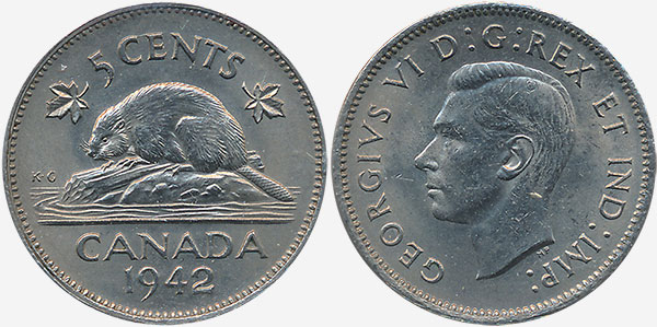 FREE SHIP Canada Nickel Bin Tombac Collectible 1942 CANADA 5 CENTS 