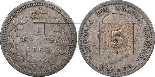 5 cents 1858 - 5 over 5 - small date - Canada