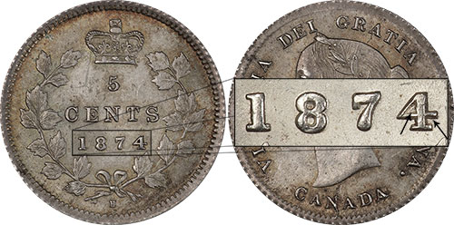 5 cents 1874 - Double 4 - Small Date - Plain 4