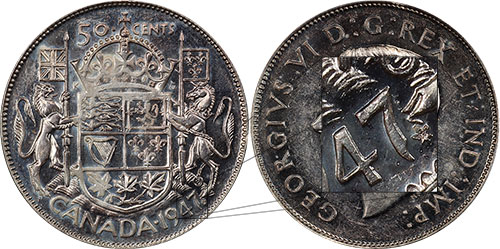 50 cents 1947 Curved 7 Maple Leaf Canada