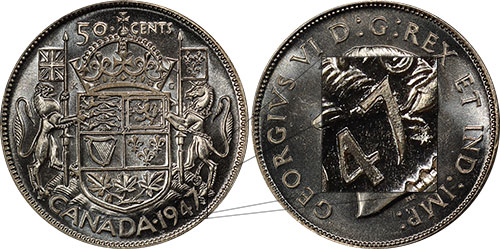 50 cents 1947 Straight 7 Maple Leaf Canada