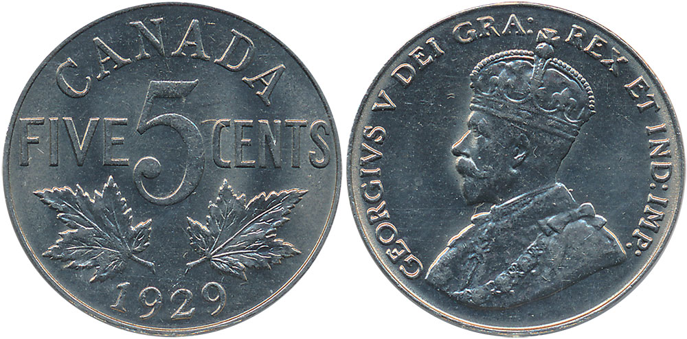 5 cents   ~ GEORGE V ~ F15 Condition ~ REPRICED!!! 1929 Near S ~ CANADA NICKEL