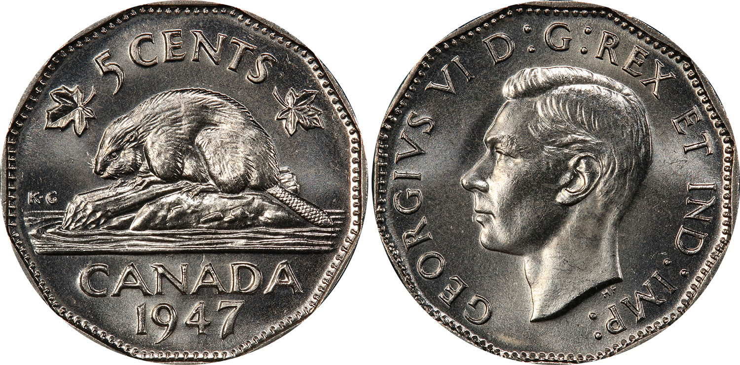 1947 CANADA 5 Cent Nickel Coin KING GEORGE VI 