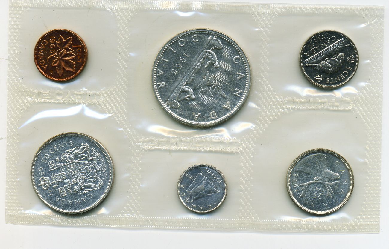 1965 prooflike Canadian coins in original mint cello 10¢ and 25¢ 1¢ 5¢ 