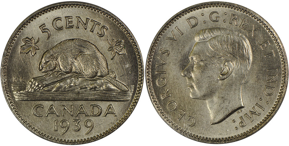 1939 Canadian 5-Cent Beaver Nickel Coin VF Circulated